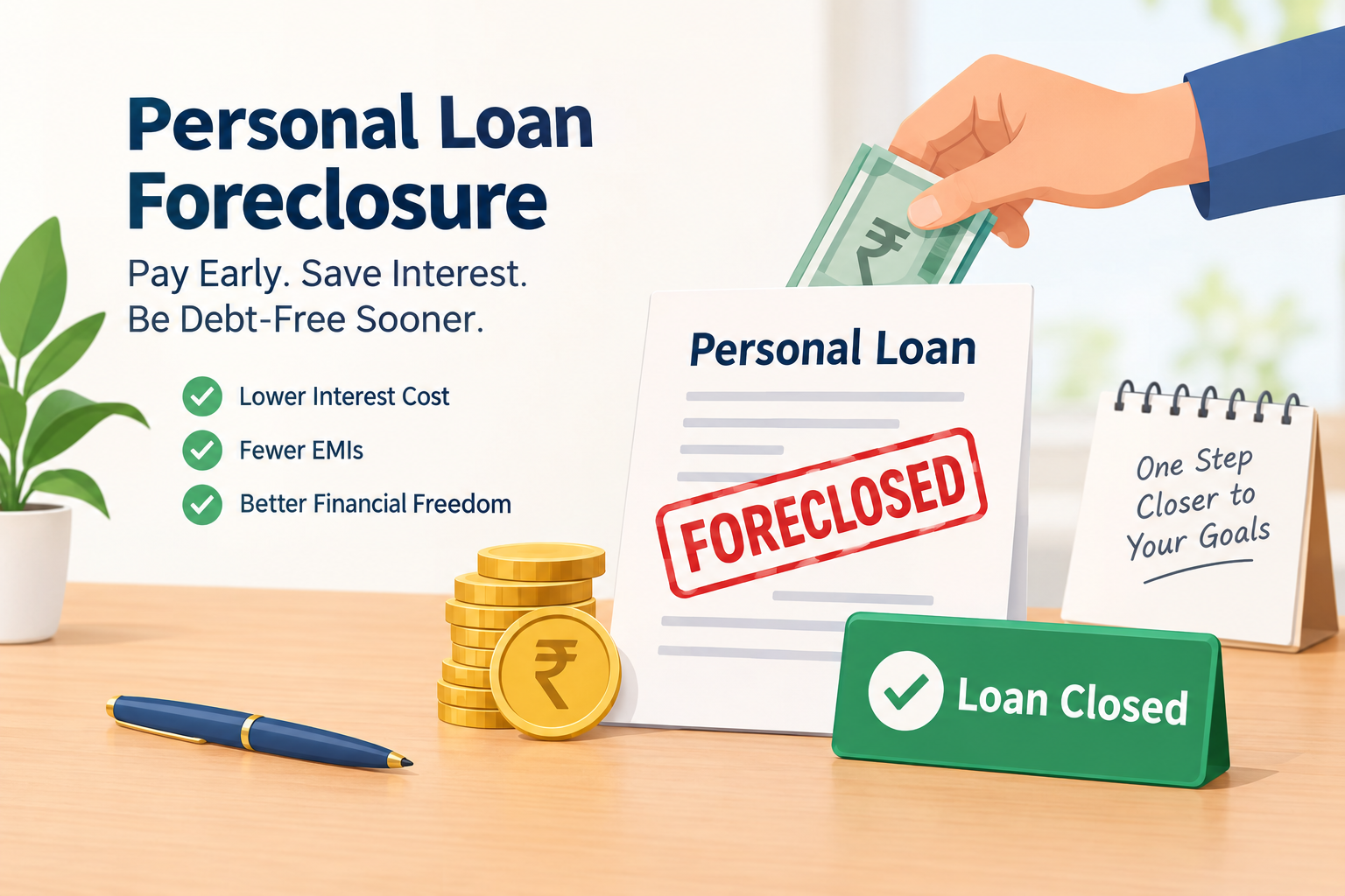 Personal loan foreclosure illustration showing loan closure, Indian rupee notes, savings, and benefits of paying off a personal loan early.